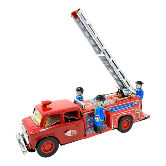 Vtg. Style Fire Engine Truck Extendable Ladder Friction w/ Siren Tin Toy (1980s)