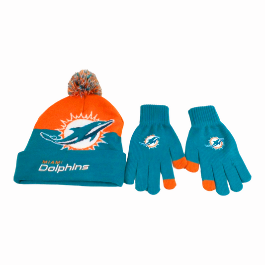 NFL *Miami Dolphins Winter Accessories: Aqua Blue & Orange - Hat and Mittens