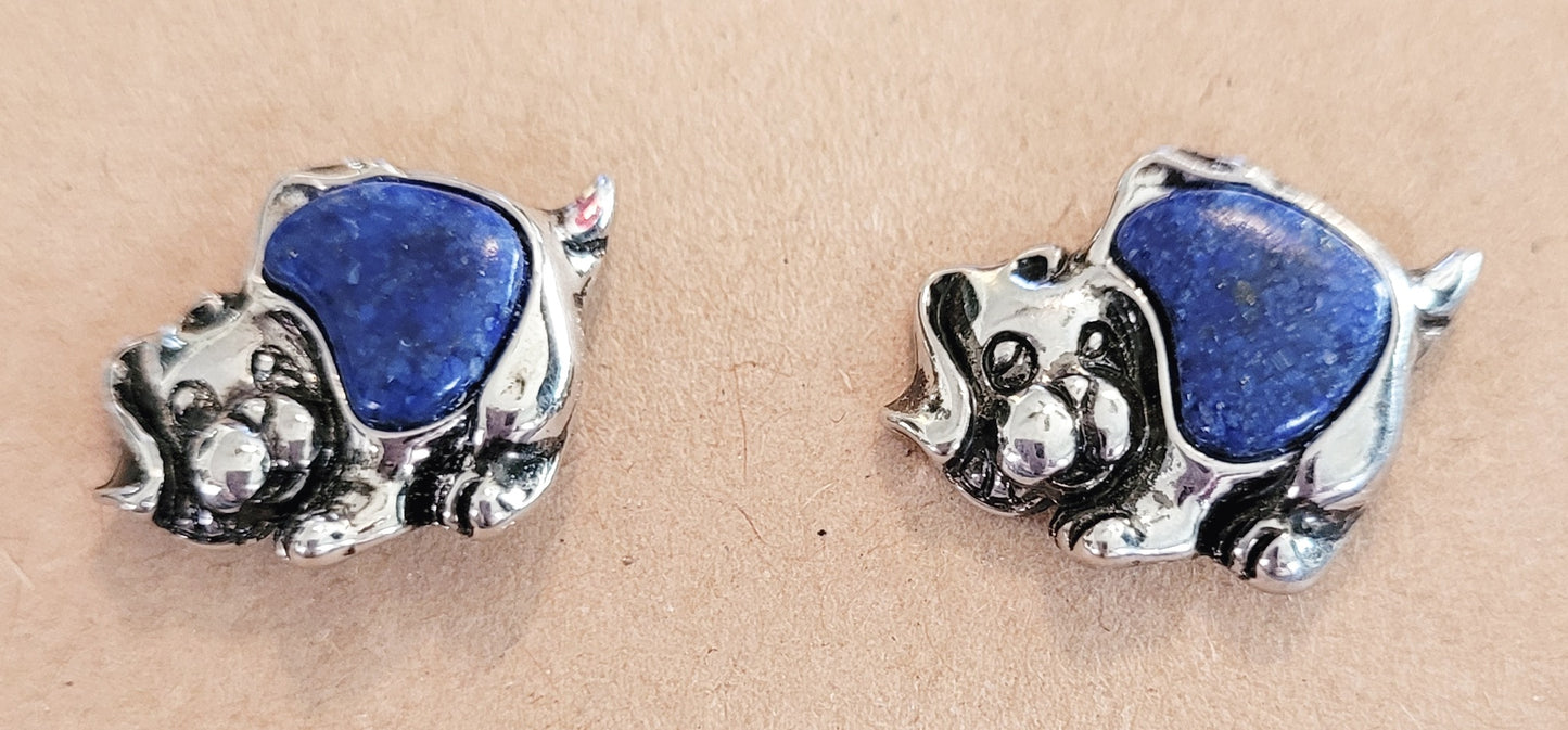 Pair of Cute Silver Puppy Earrings with Lapis Blue Heart/Body *New