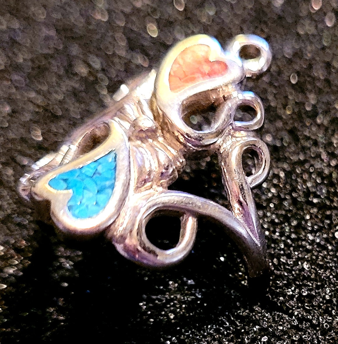 Swirls & Scrolls Hearts Ring w/ Turquoise/Coral Inlay (Size 7.5)