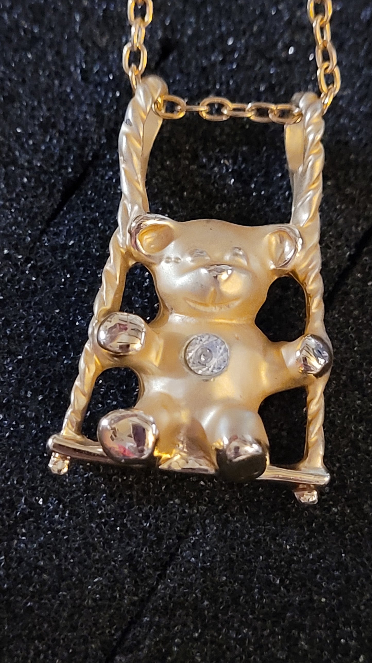 Vintage Louis Giusti 1995 'Hug-A-Bear' SWINGING BEAR Necklace w/ Diamond Accent