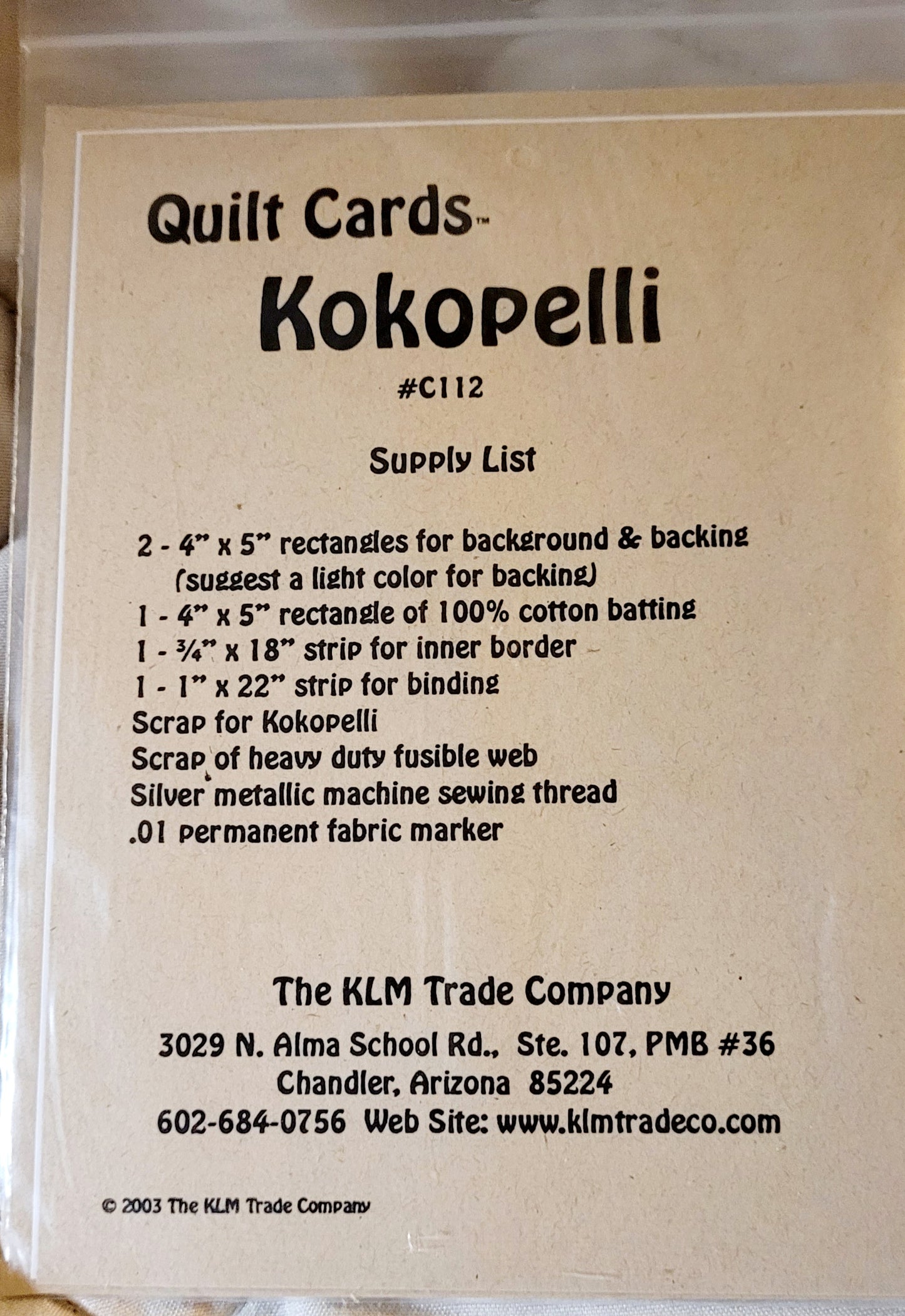 "Kokopelli" #C112 Quilt Cards by KLM Trading Co. *BRAND NEW