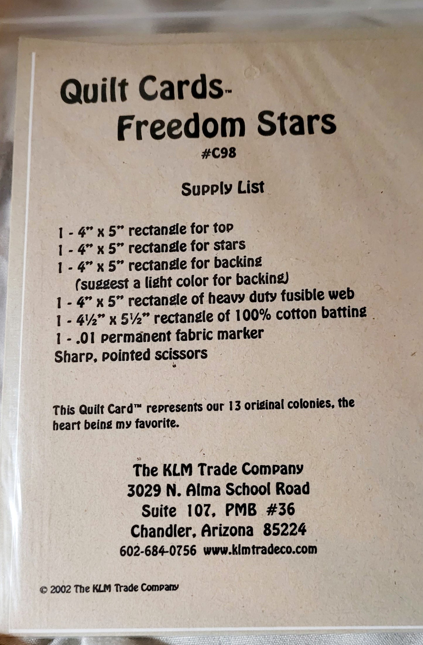 "Freedom Stars" #C98 Quilt Cards by KLM Trading Co. *BRAND NEW