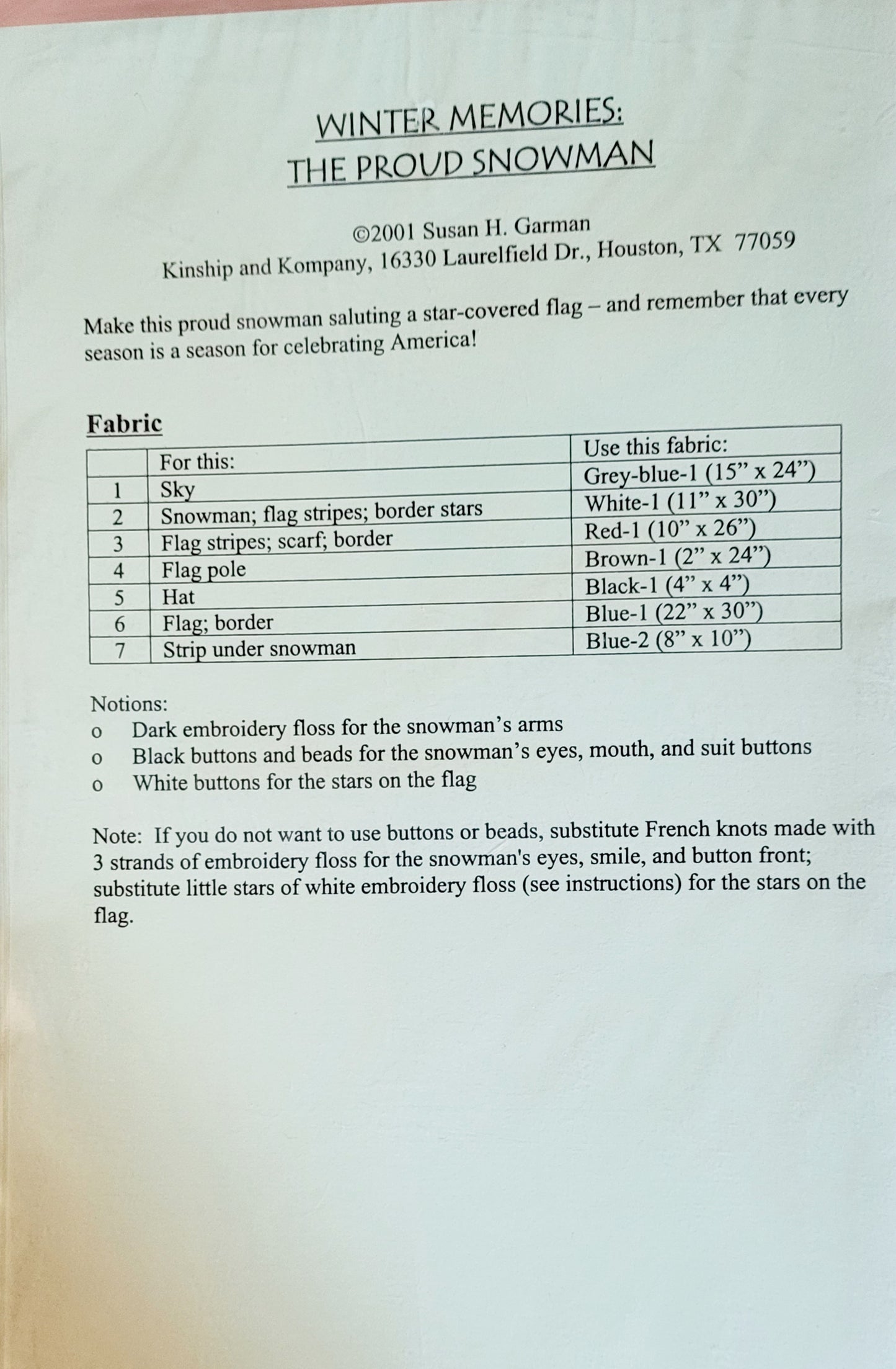 Winter Memories "The Proud Snowman" Wall Hanging Embroidery Pattern