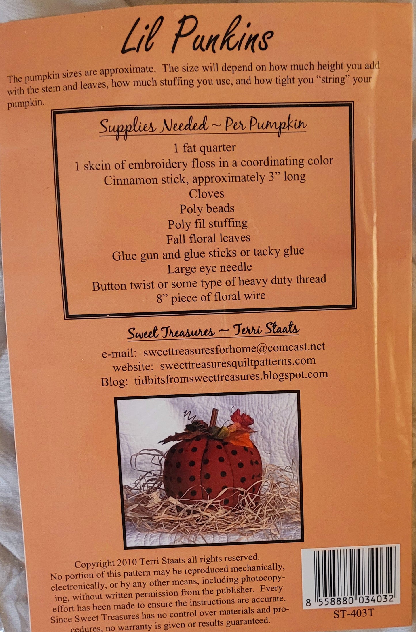 'Lil Punkins' 4 sizes to Decorate With *Tiny Treasures Quilt Patterns *6"-10"