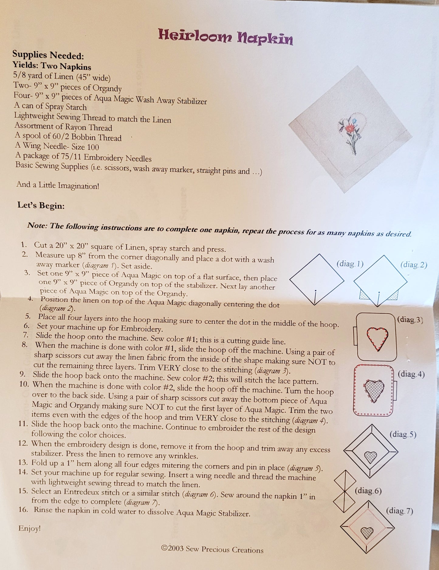 Heirloom Napkin *Several Embroidery Designs on (Disk Included)