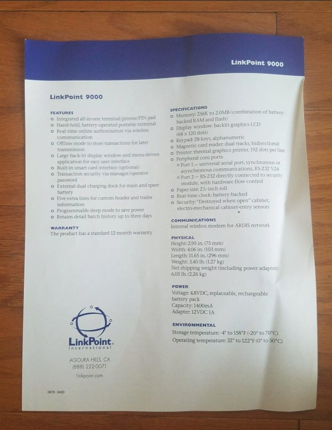 Linkpoint International LP9000 Wireless POS Credit Card Terminal w/ Battery Charger Boxed