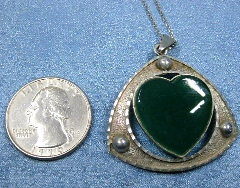 Sterling Silver Pendant, Centered by a Green Agate Heart Necklace