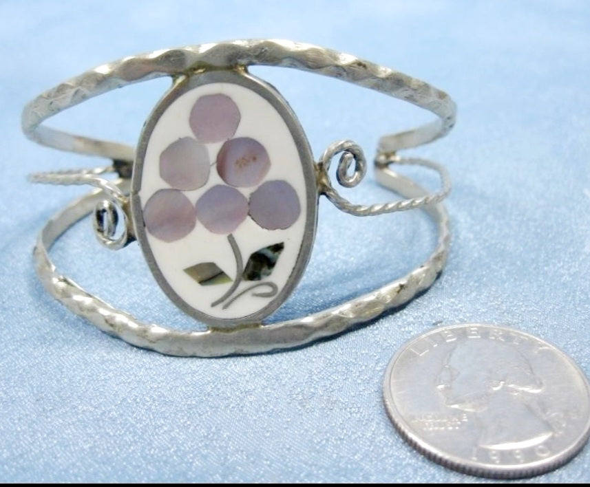 Silver Tone Shell Inlay Cuff Bracelet