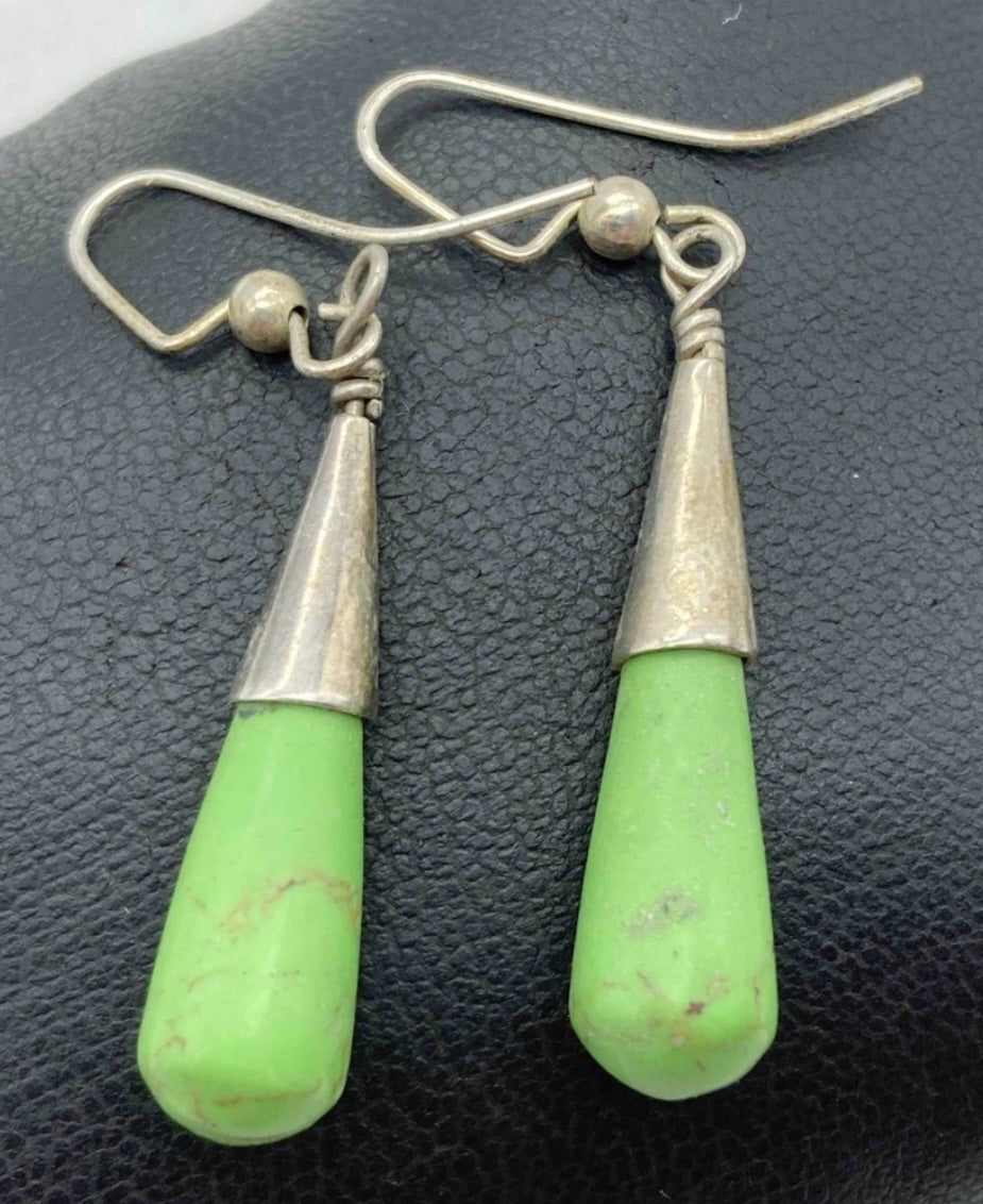 Unique Sterling Silver & Green Stone Drop Earrings