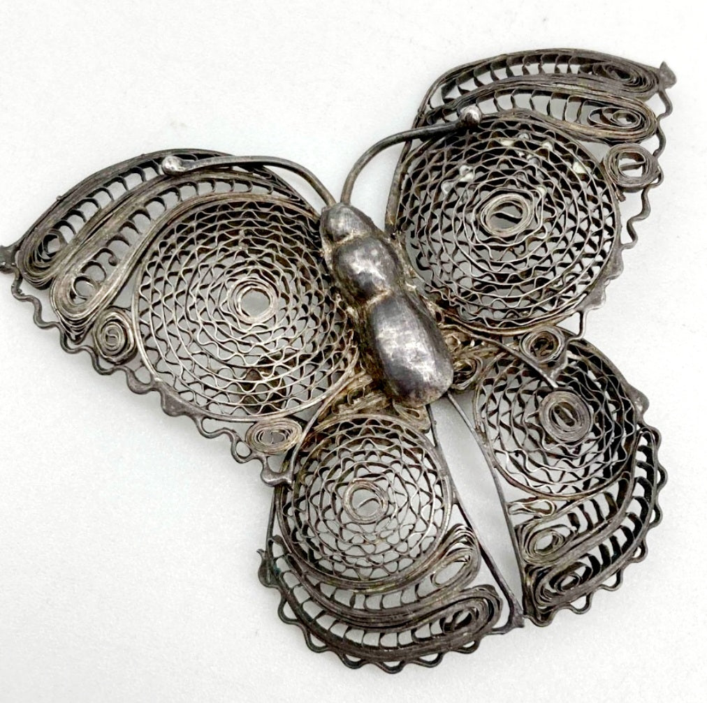 Vintage 1950s Sterling Silver Filigree BUTTERFLY Brooch (Hallmarked)