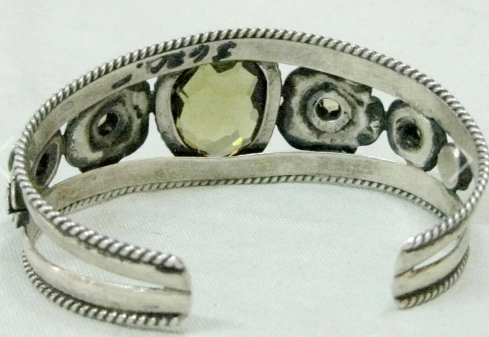 Vintage Sterling Silver Citrine Stone Floral Bracelet Cuff