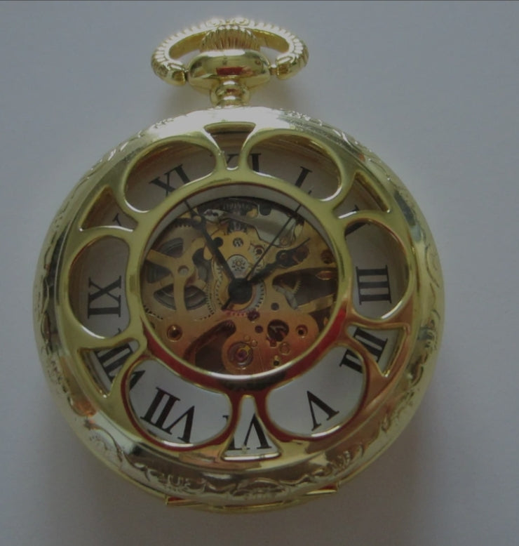 Geometric Openwork Hand Winding Pocket Watch Floral Design w/ Chain