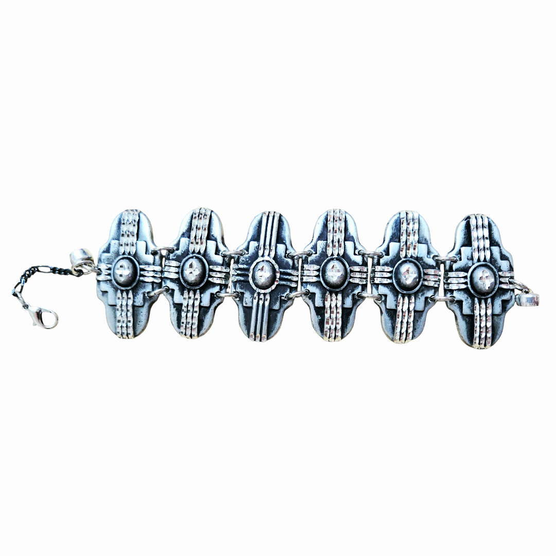 Vintage *Shield Panel Link Art Deco Bracelet Unmarked Mexico Magnetic Closure