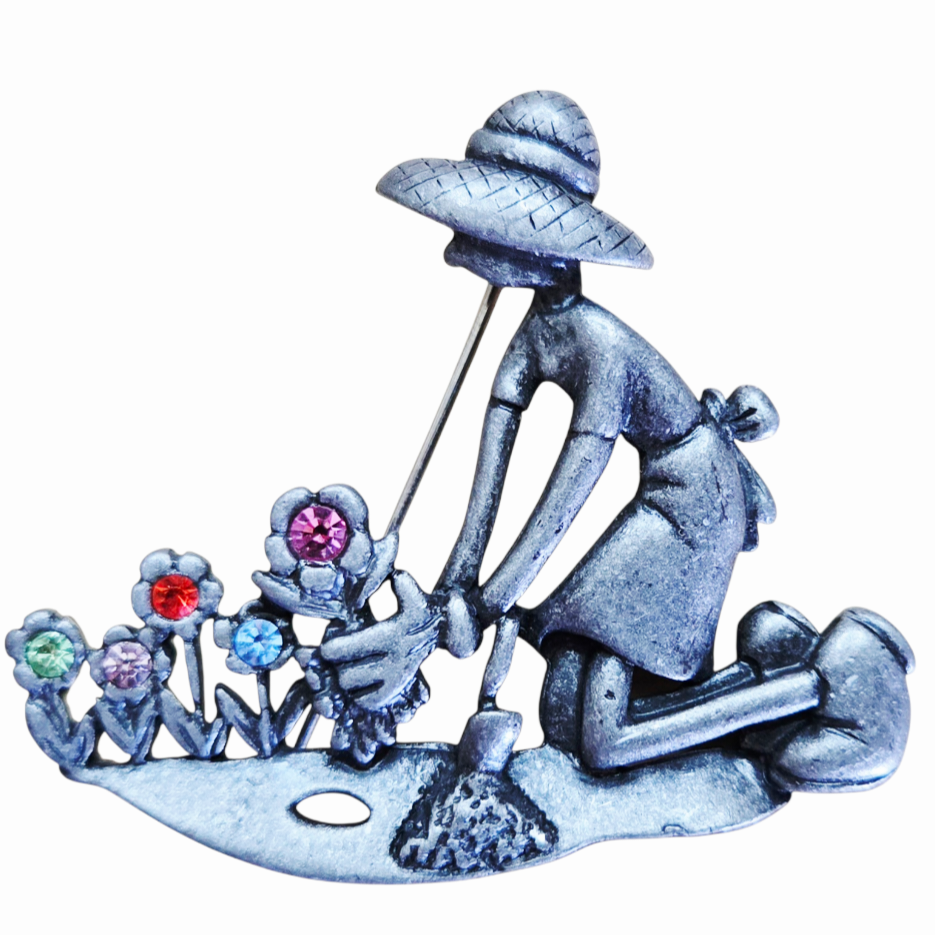 Beautiful *Danecraft "Woman in Garden Flowers" Brooch Rhinestones Pewter