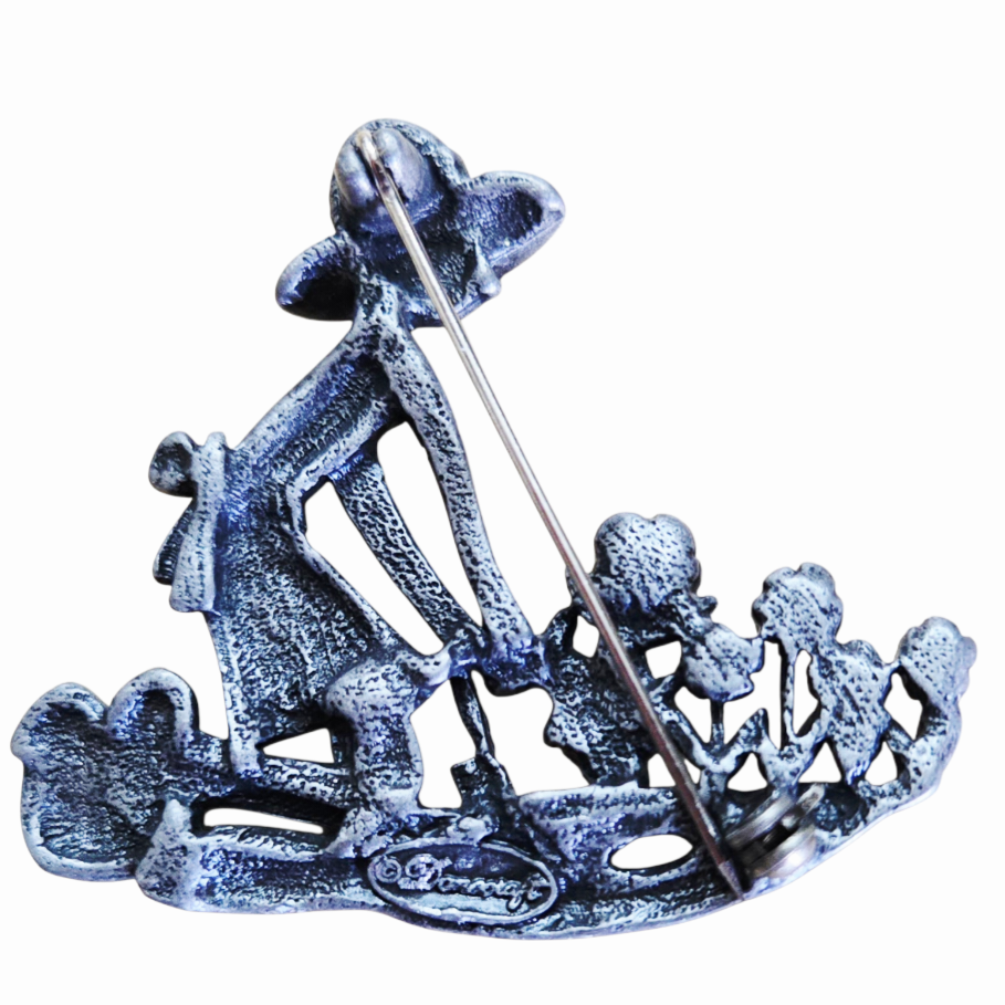 Beautiful *Danecraft "Woman in Garden Flowers" Brooch Rhinestones Pewter