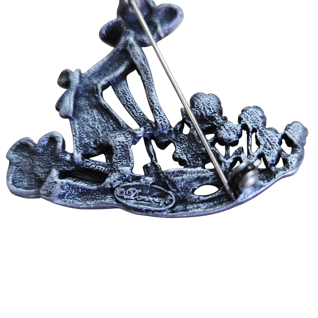 Beautiful *Danecraft "Woman in Garden Flowers" Brooch Rhinestones Pewter