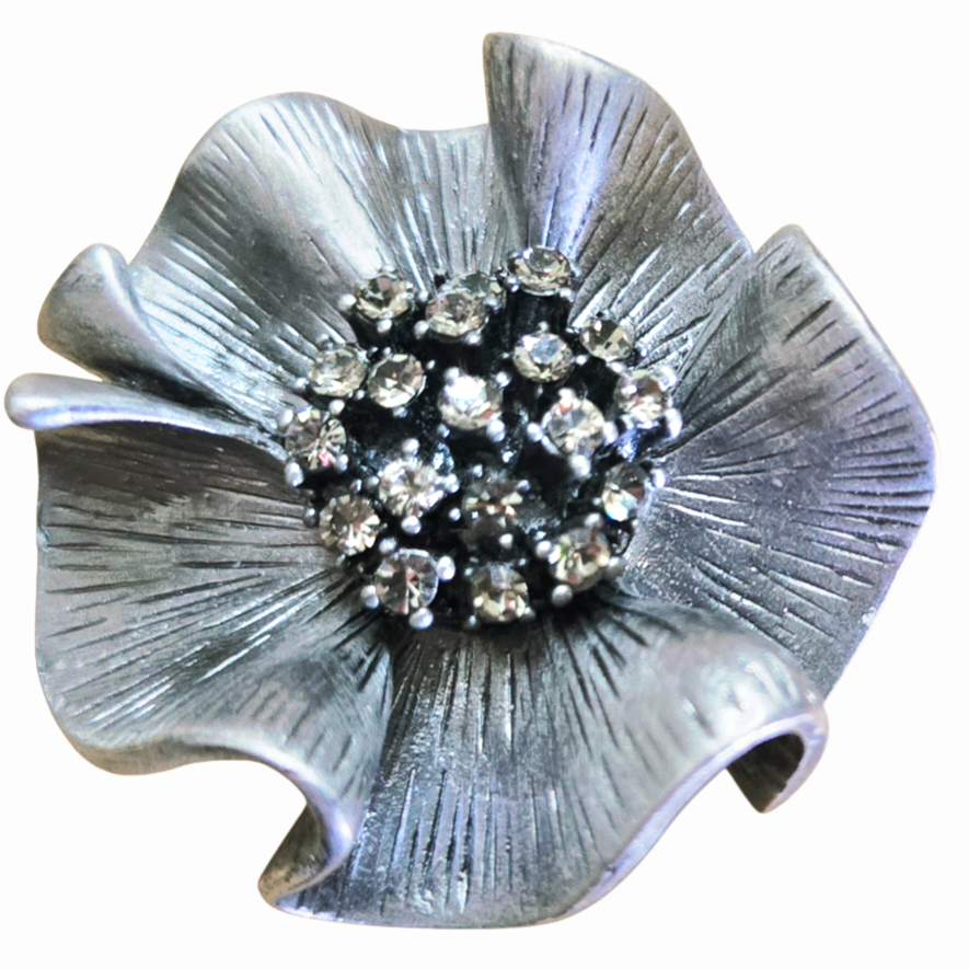 Vintage *Pewter Premier Designs "Camille" Flower Brooch Pendant Rhinstone