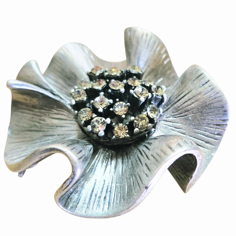 Vintage *Pewter Premier Designs "Camille" Flower Brooch Pendant Rhinstone