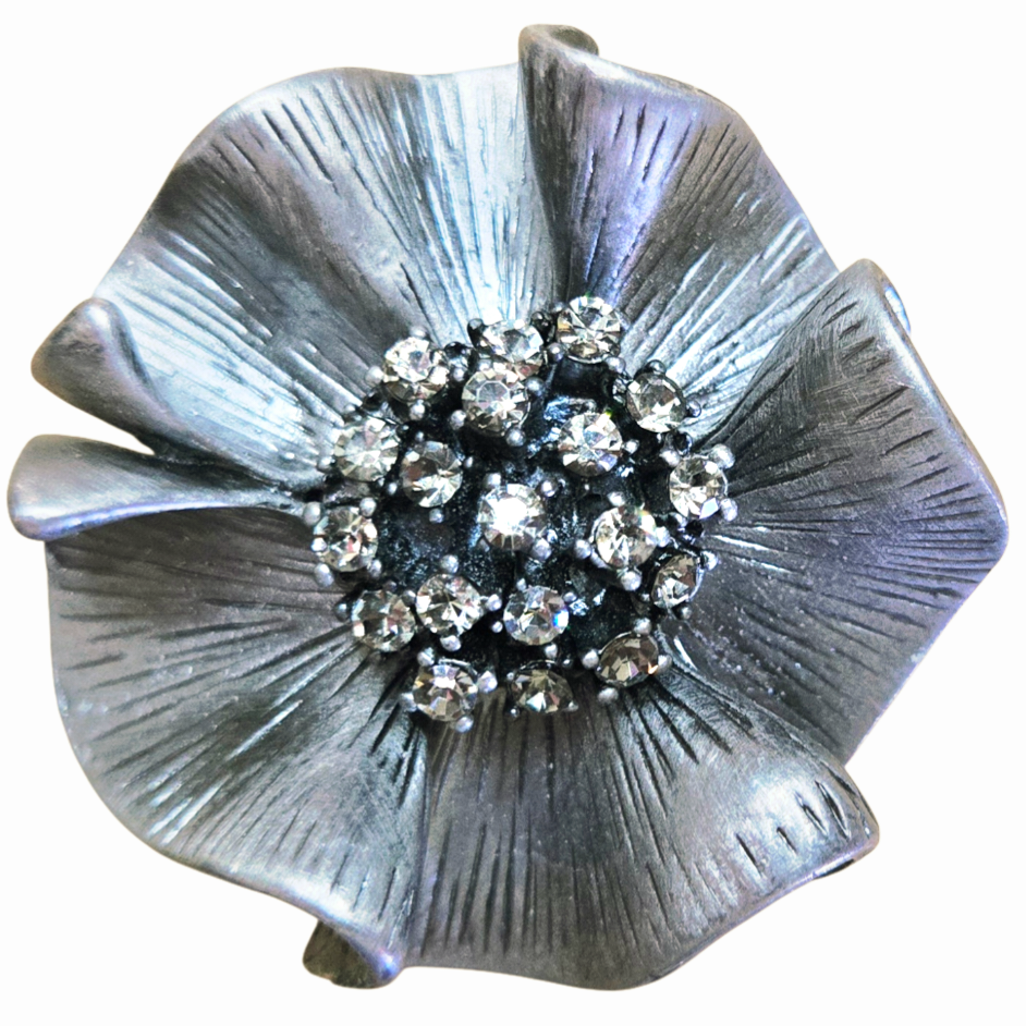 Vintage *Pewter Premier Designs "Camille" Flower Brooch Pendant Rhinstone