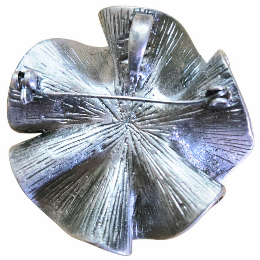 Vintage *Pewter Premier Designs "Camille" Flower Brooch Pendant Rhinstone