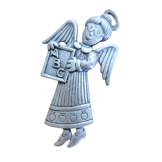 Vintage *Pewter School Teacher Angel Pin 2" Brooch Jonette Jewelry "JJ"
