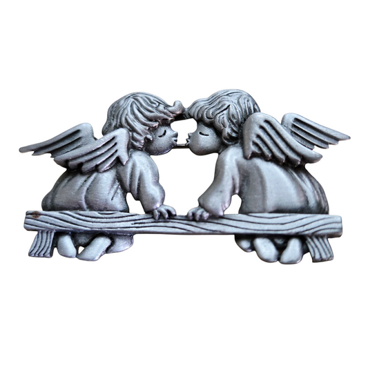 Vintage *Pair of "Kissing Cherubs" Pewter Brooch Sitting on Bench Pin (JJ)