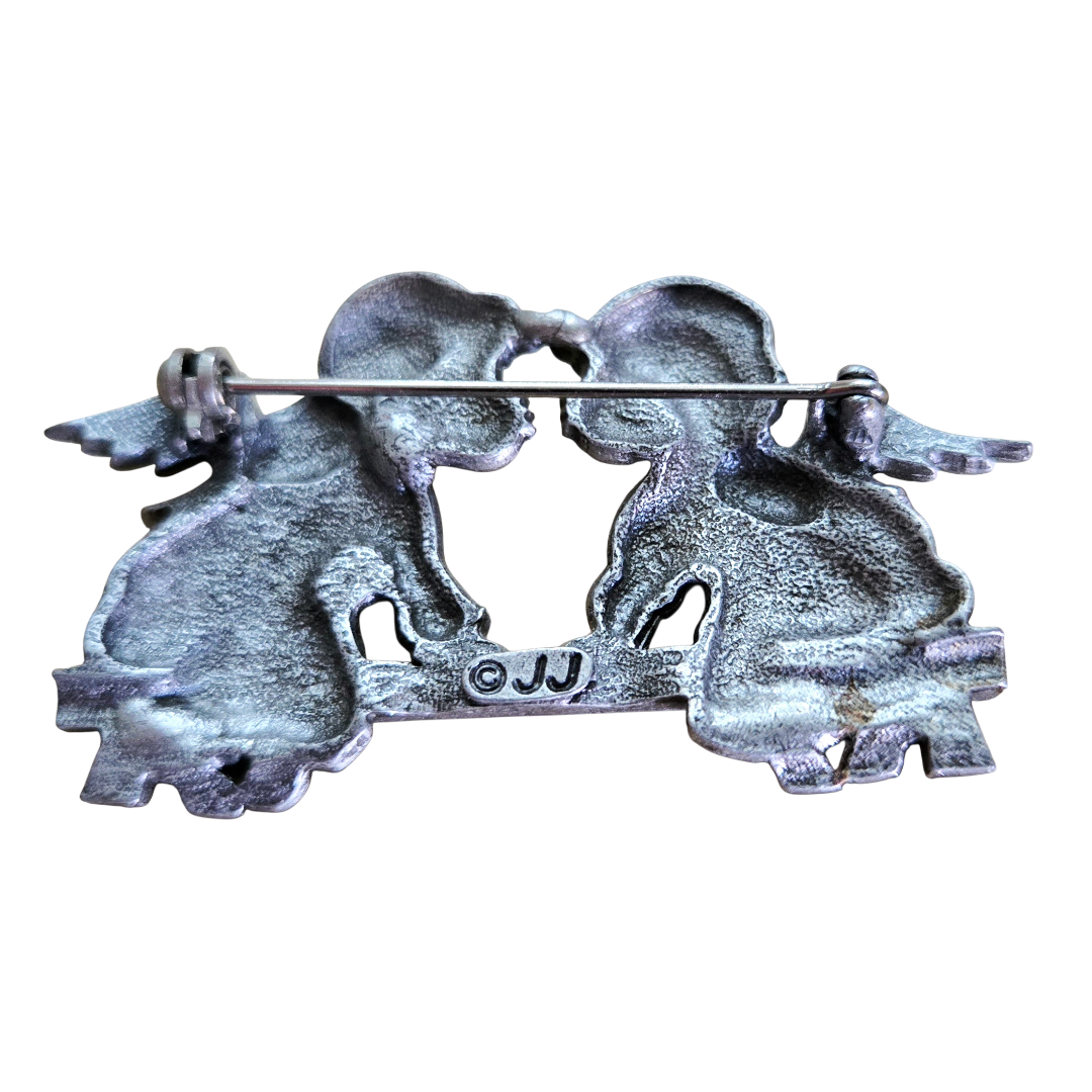 Vintage *Pair of "Kissing Cherubs" Pewter Brooch Sitting on Bench Pin (JJ)