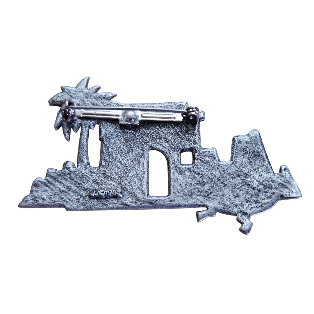 JJ Jonette 1988 Silver Tone Southwestern Desert Adobe Palm Tree Lizard Brooch