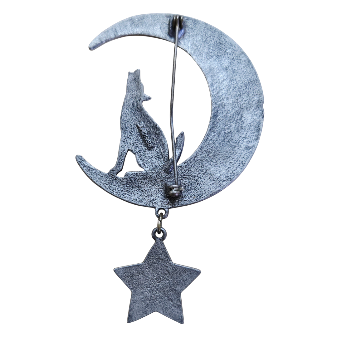Great *Vintage Pewter "Wolf Howling At The Moon" Brooch Pin (JJ/1988)