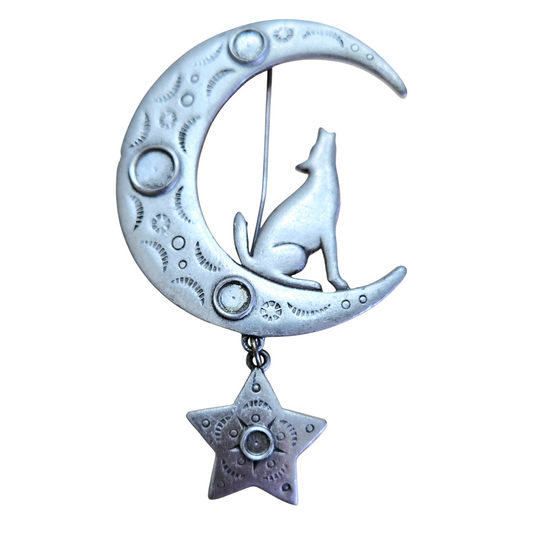 Great *Vintage Pewter "Wolf Howling At The Moon" Brooch Pin (JJ/1988)