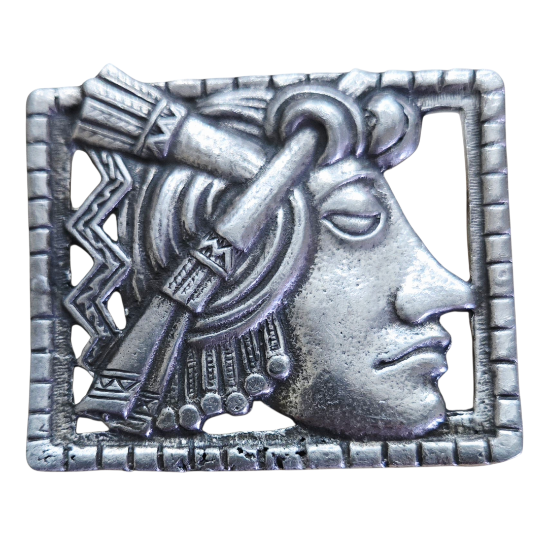 Vintage Mexican Mayan Aztec Warrior Profile Brooch Pin - Silver Tone