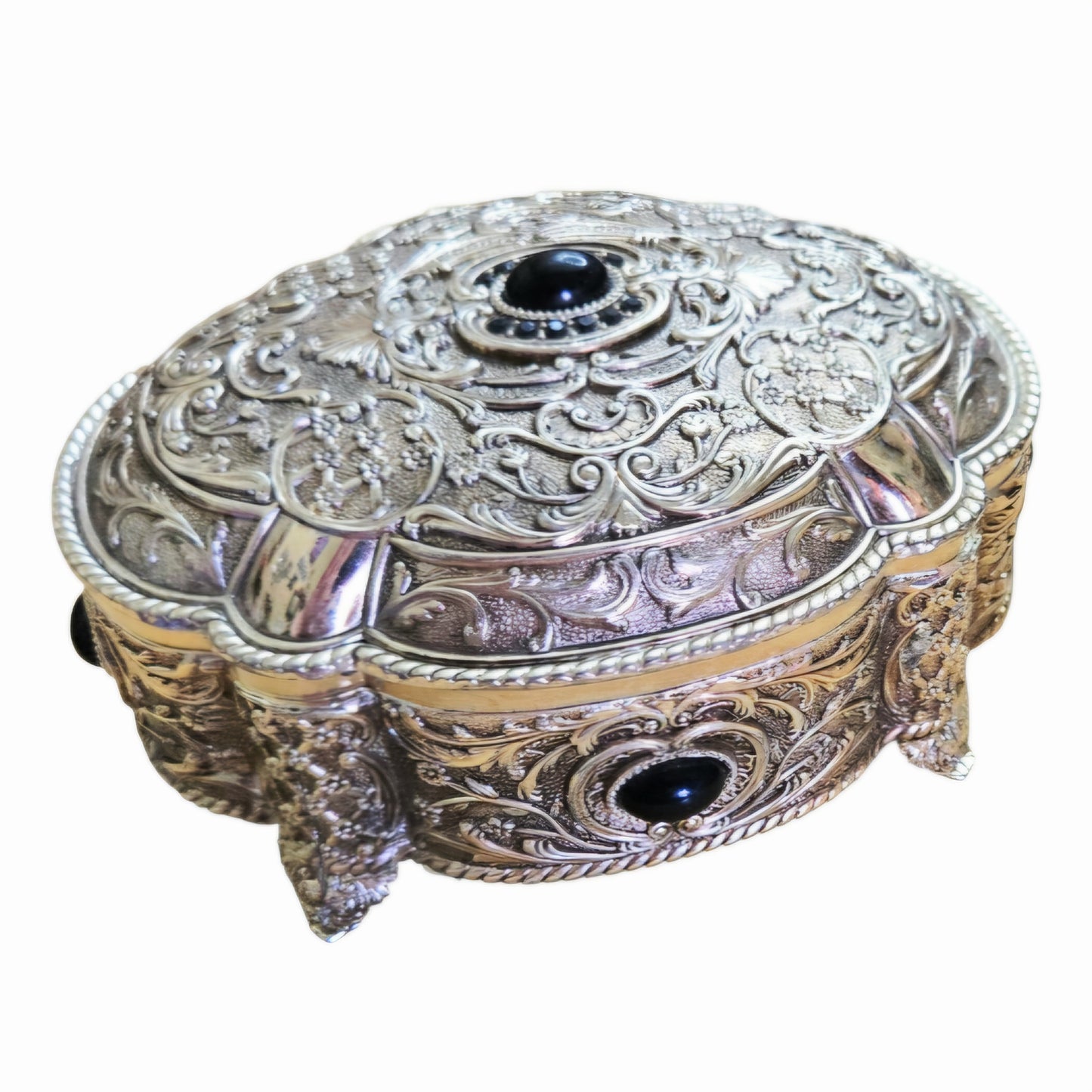 Vintage *Cast Metal Hinged Jewelry Trinket Box Ornate Relief Work Dark Cabochon Stones