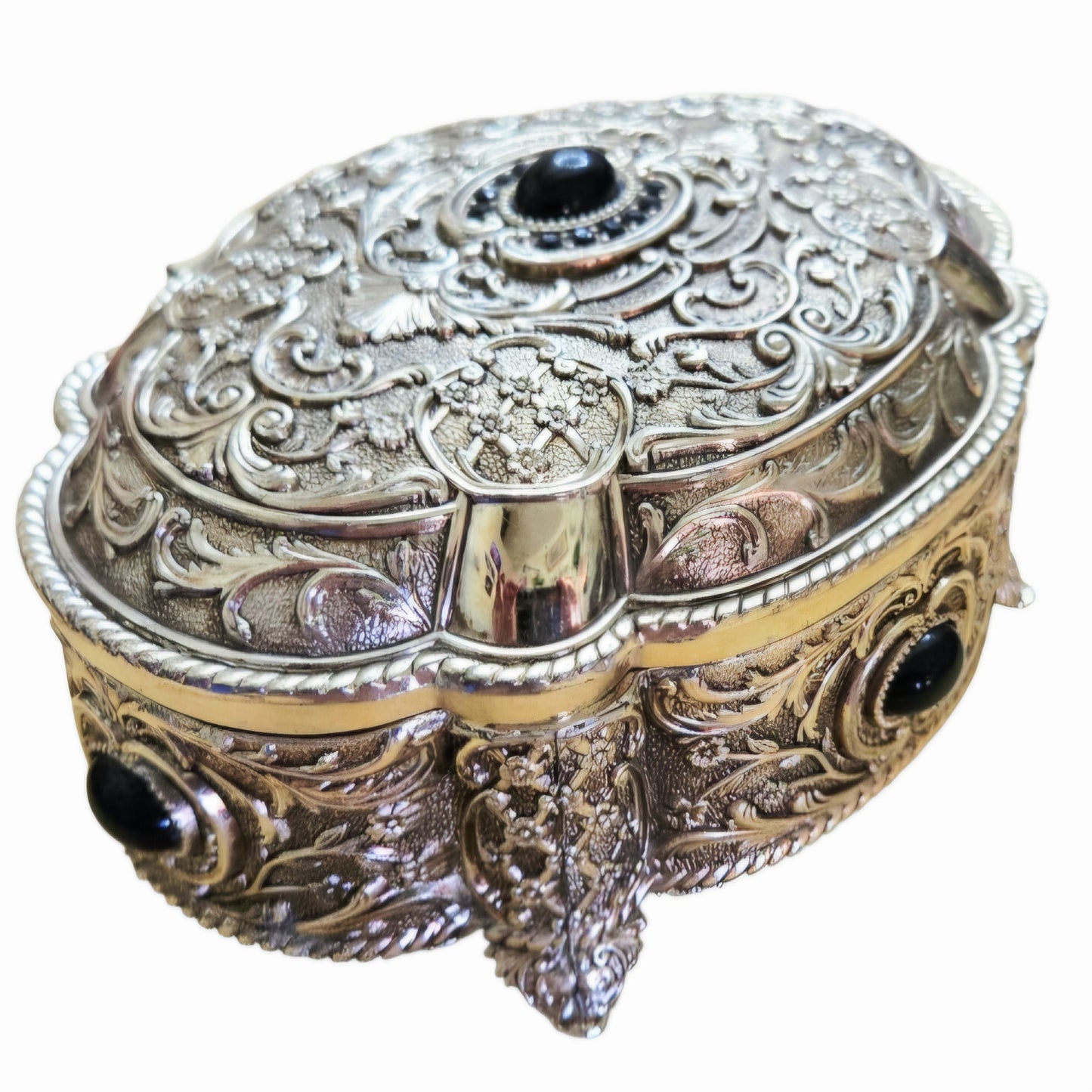 Vintage *Cast Metal Hinged Jewelry Trinket Box Ornate Relief Work Dark Cabochon Stones