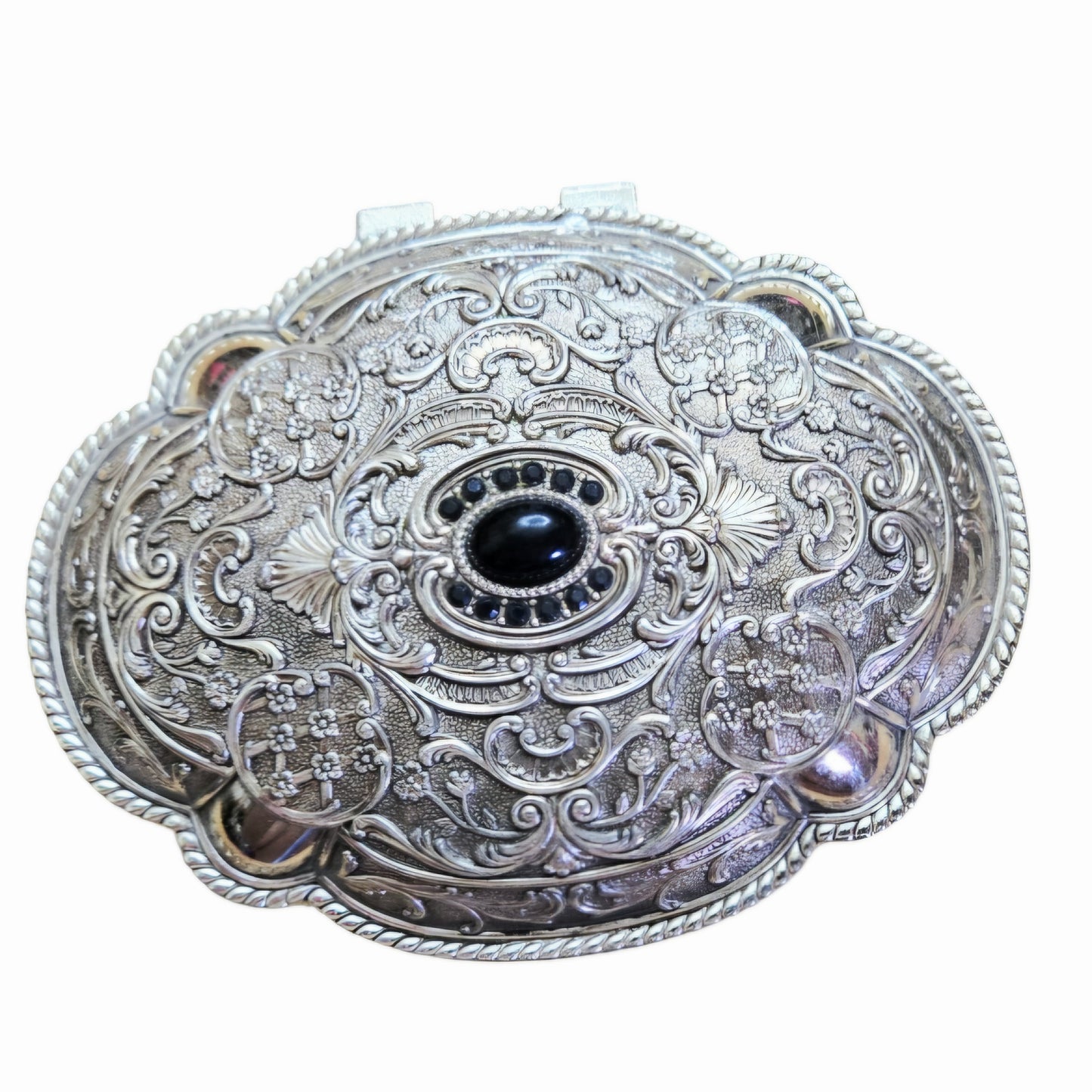 Vintage *Cast Metal Hinged Jewelry Trinket Box Ornate Relief Work Dark Cabochon Stones