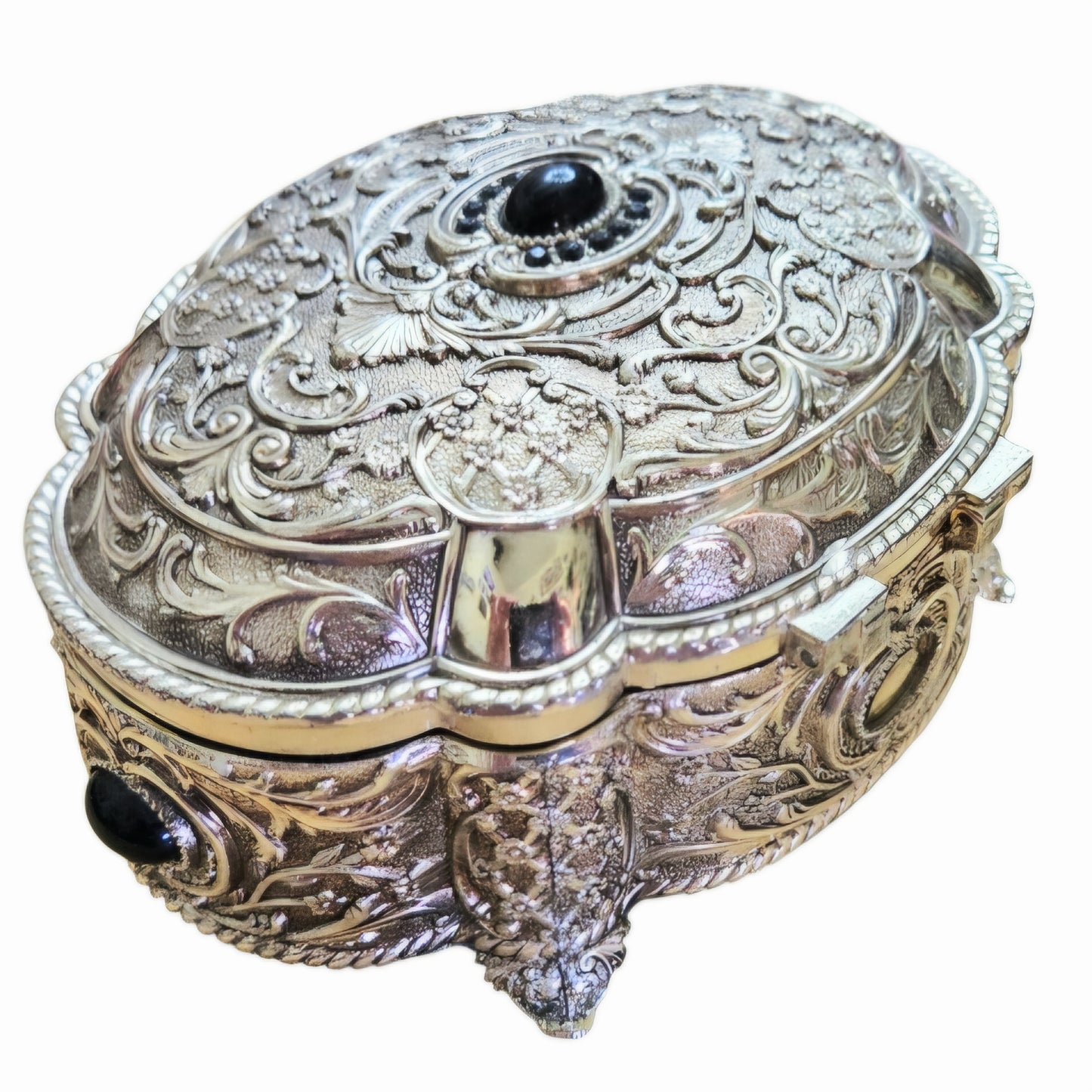 Vintage *Cast Metal Hinged Jewelry Trinket Box Ornate Relief Work Dark Cabochon Stones