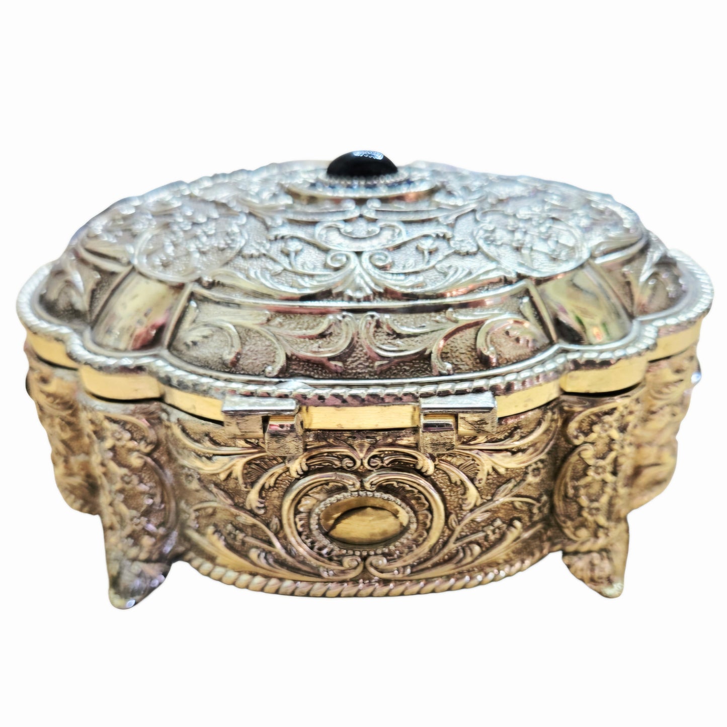 Vintage *Cast Metal Hinged Jewelry Trinket Box Ornate Relief Work Dark Cabochon Stones