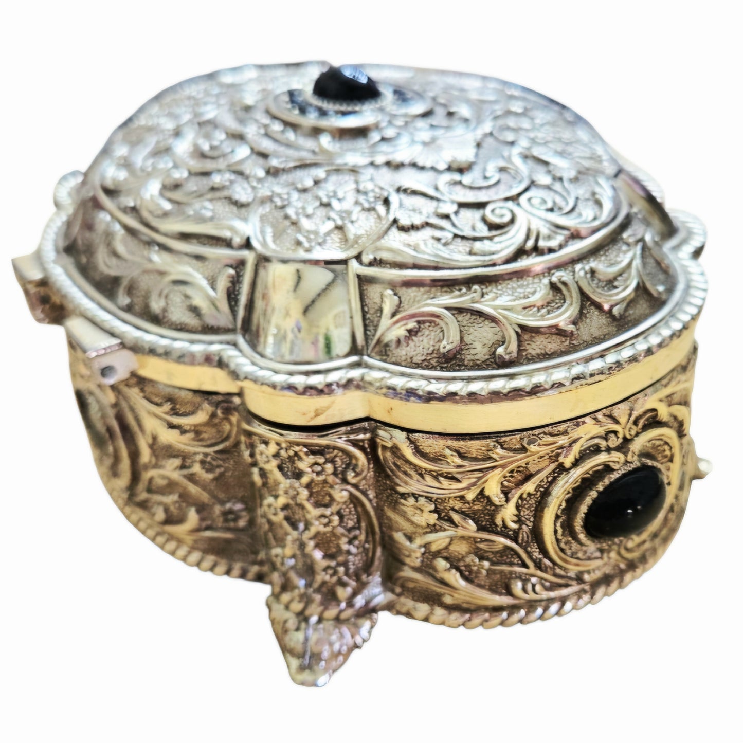 Vintage *Cast Metal Hinged Jewelry Trinket Box Ornate Relief Work Dark Cabochon Stones