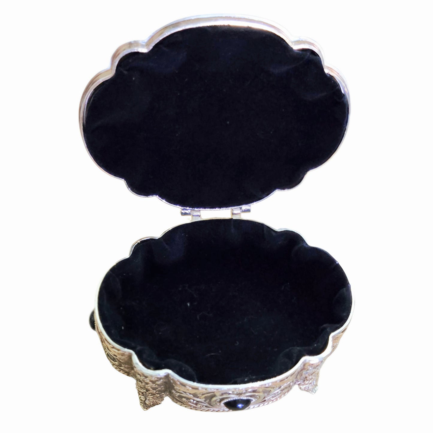 Vintage *Cast Metal Hinged Jewelry Trinket Box Ornate Relief Work Dark Cabochon Stones