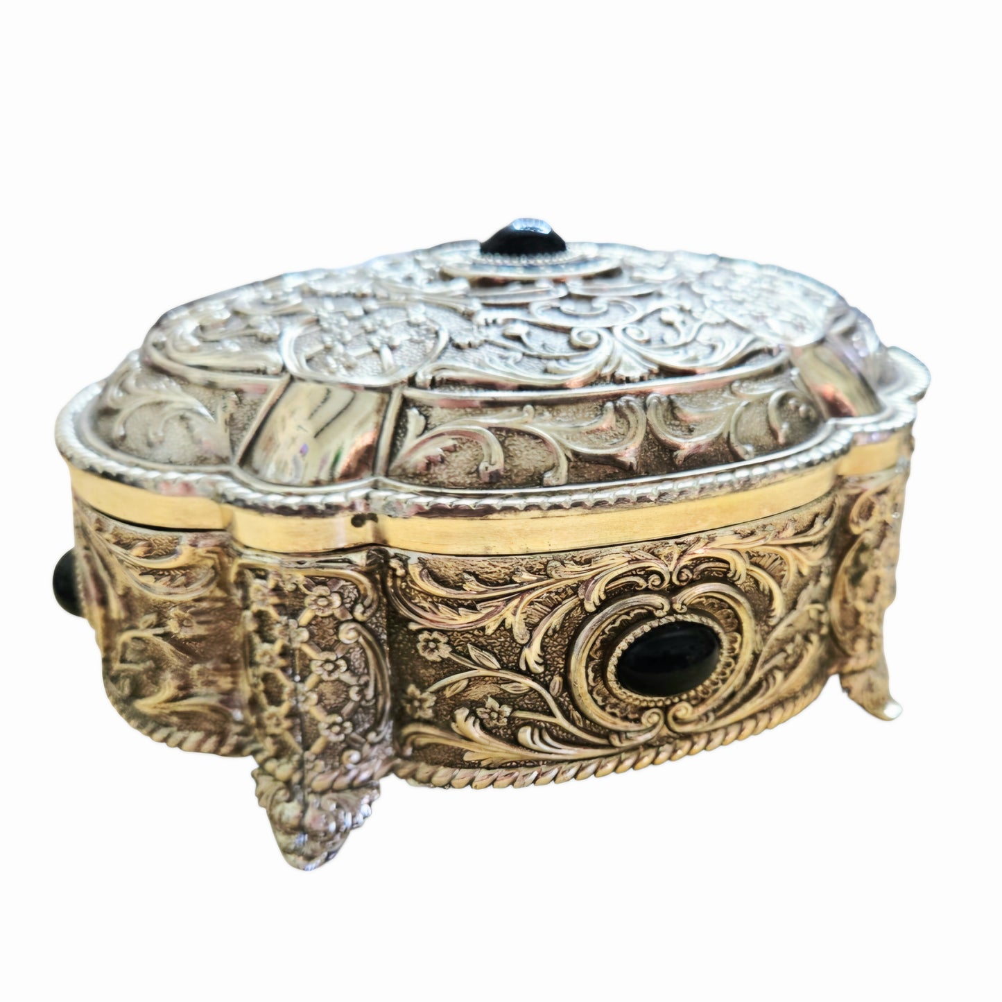 Vintage *Cast Metal Hinged Jewelry Trinket Box Ornate Relief Work Dark Cabochon Stones