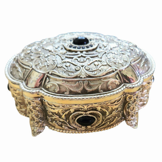 Vintage *Cast Metal Hinged Jewelry Trinket Box Ornate Relief Work Dark Cabochon Stones
