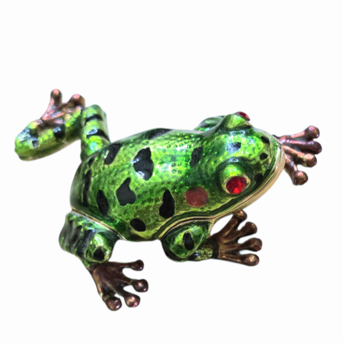 Amazing *Bejeweled FRANK Red Eyed Green Pond Frog Pewter Trinket Box