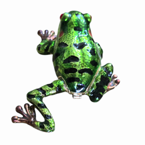 Amazing *Bejeweled FRANK Red Eyed Green Pond Frog Pewter Trinket Box