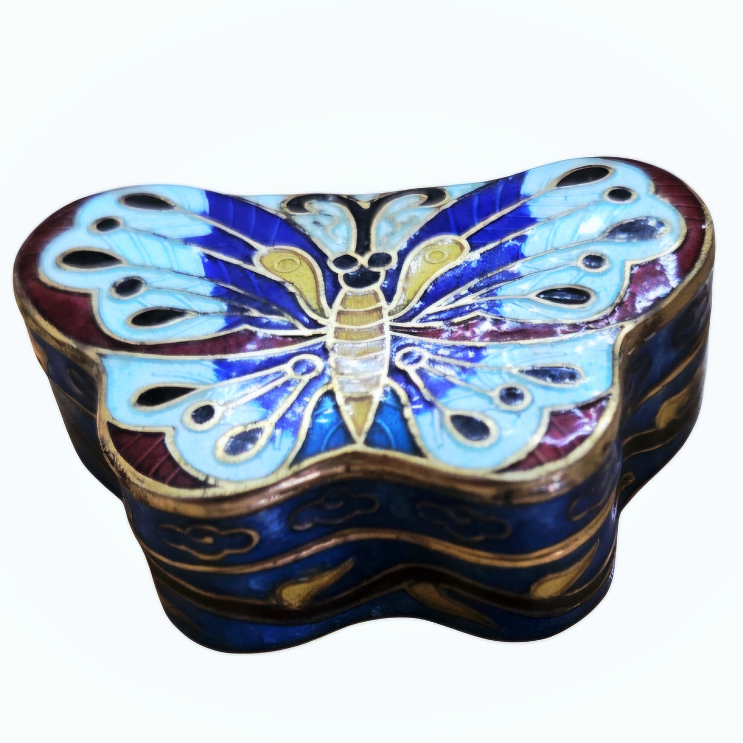 Vintage *Chinese Cloisonné Enamel Butterfly-Shaped Colorful Trinket Box