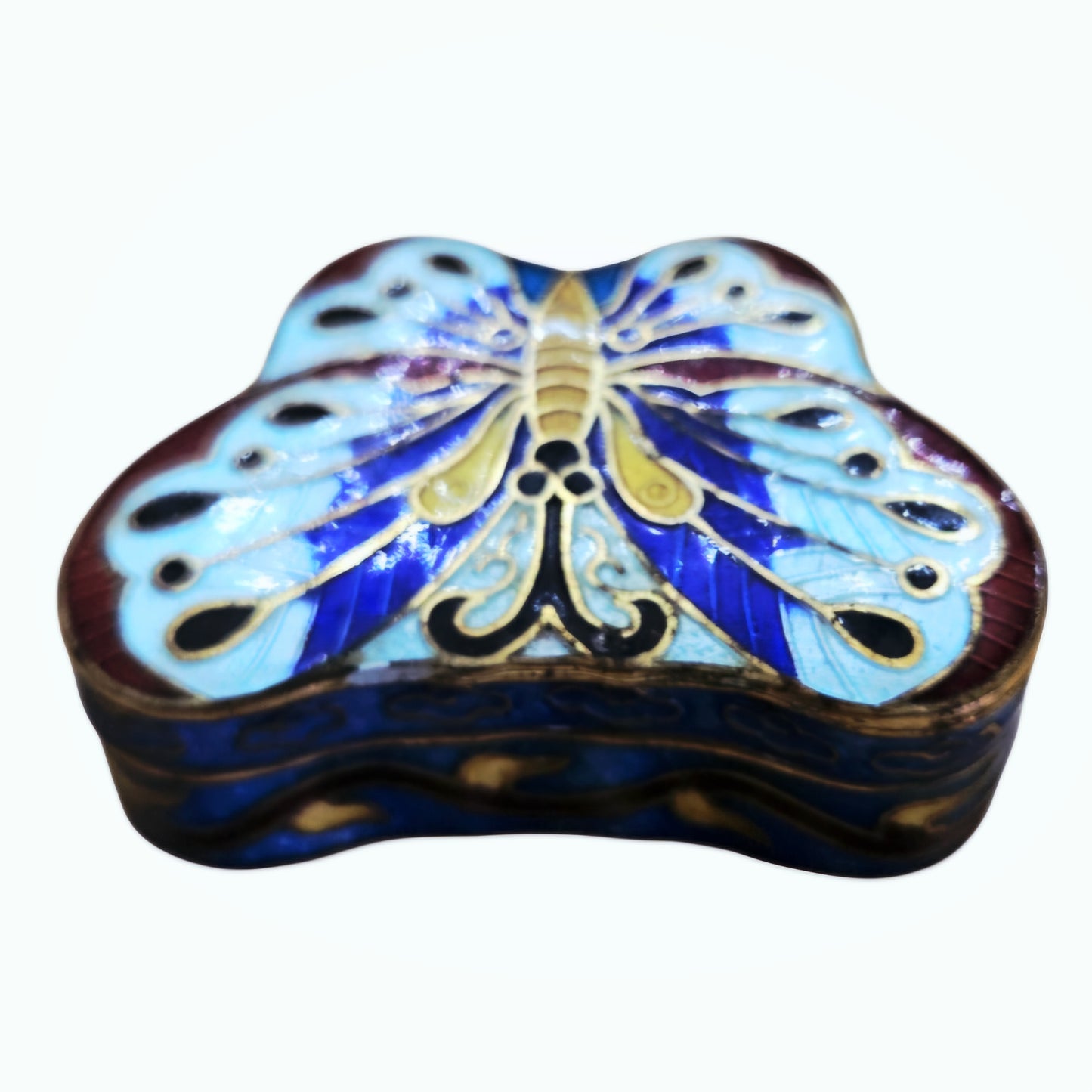 Vintage *Chinese Cloisonné Enamel Butterfly-Shaped Colorful Trinket Box