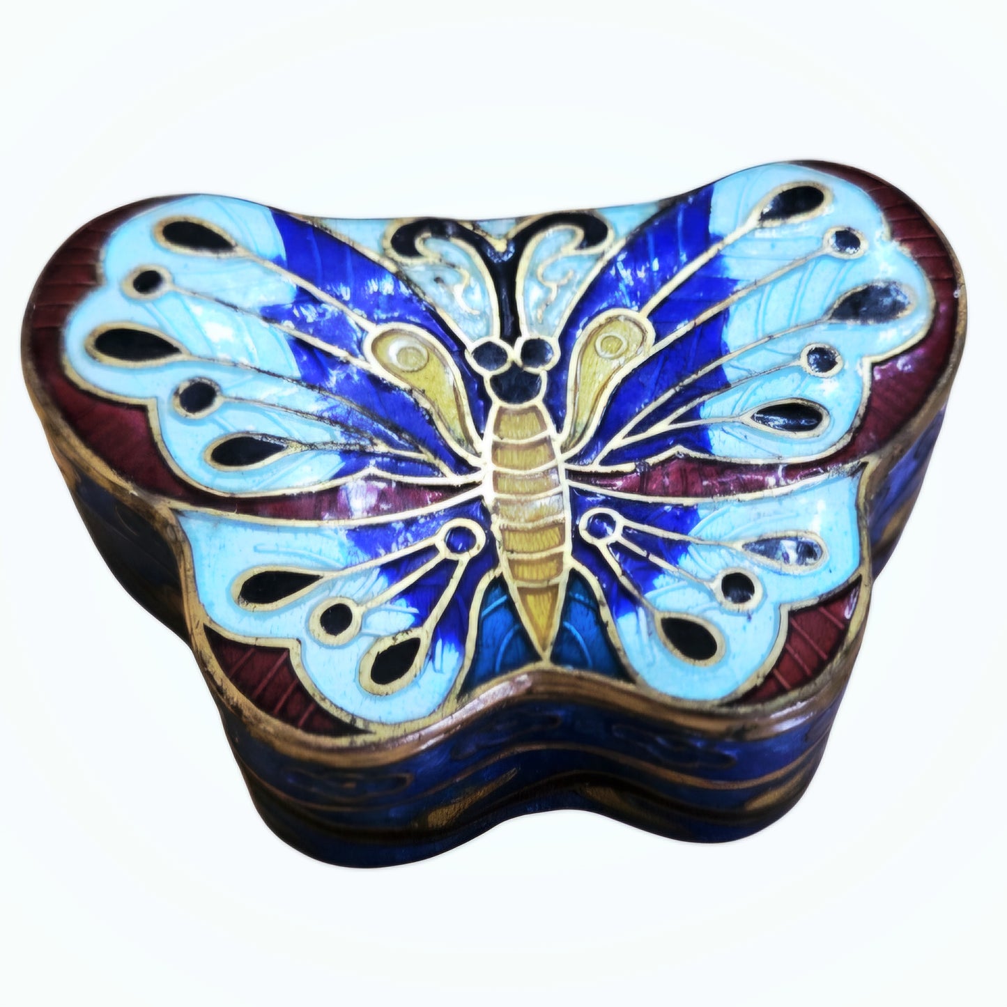 Vintage *Chinese Cloisonné Enamel Butterfly-Shaped Colorful Trinket Box