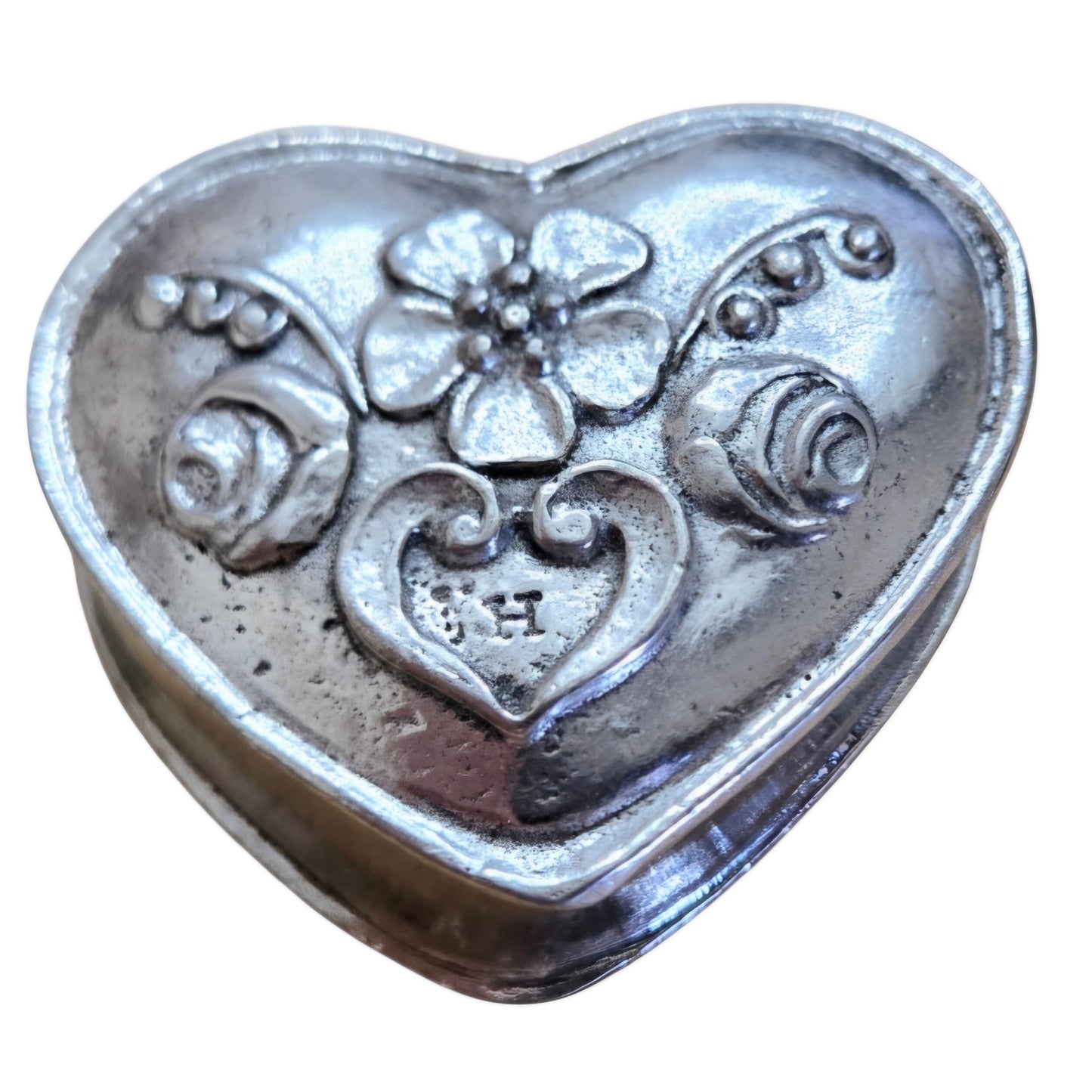 Vtg. *Pewter Heart Shape Trinket Box w/ Embossed Floral Lid (Kaufmann) 1980s