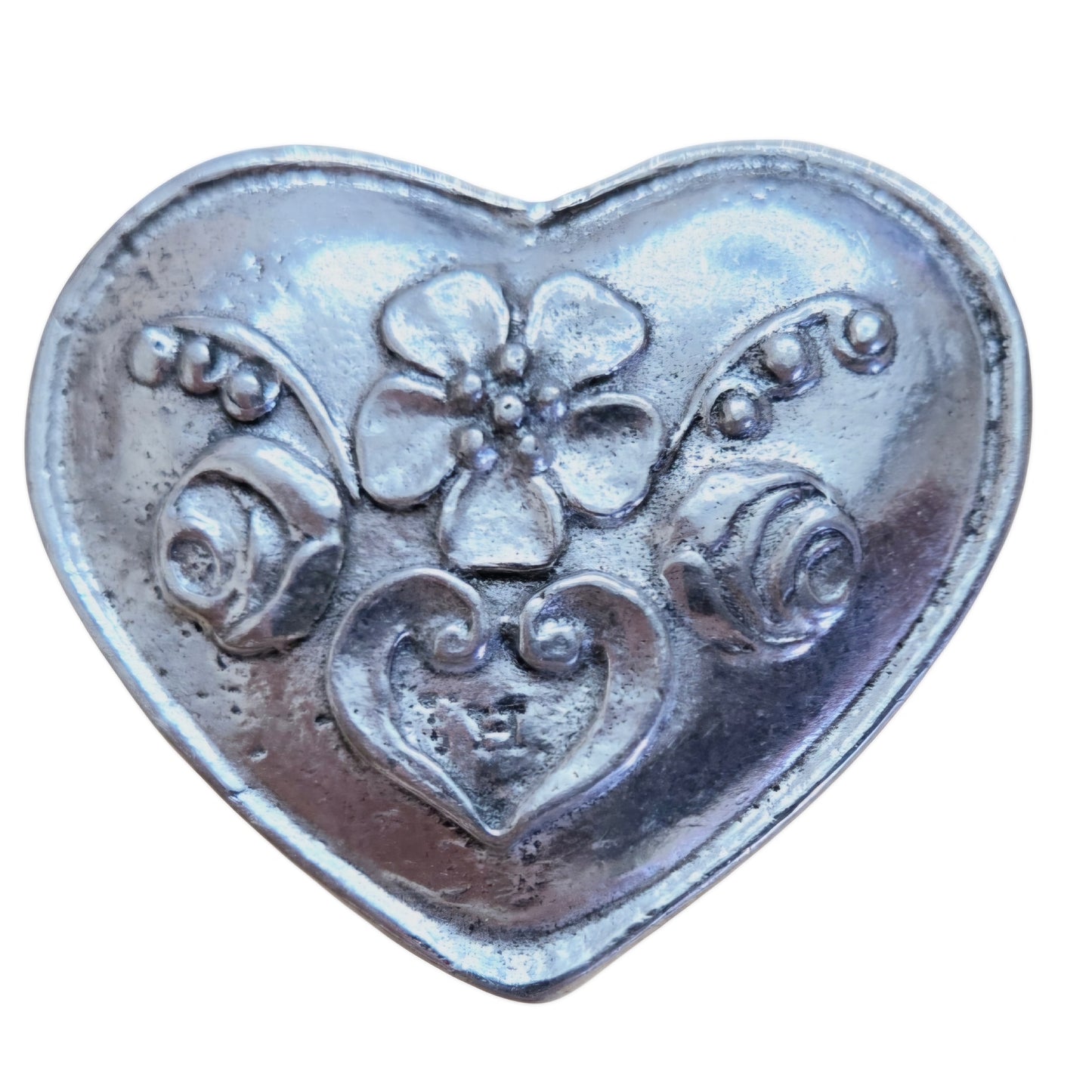 Vtg. *Pewter Heart Shape Trinket Box w/ Embossed Floral Lid (Kaufmann) 1980s