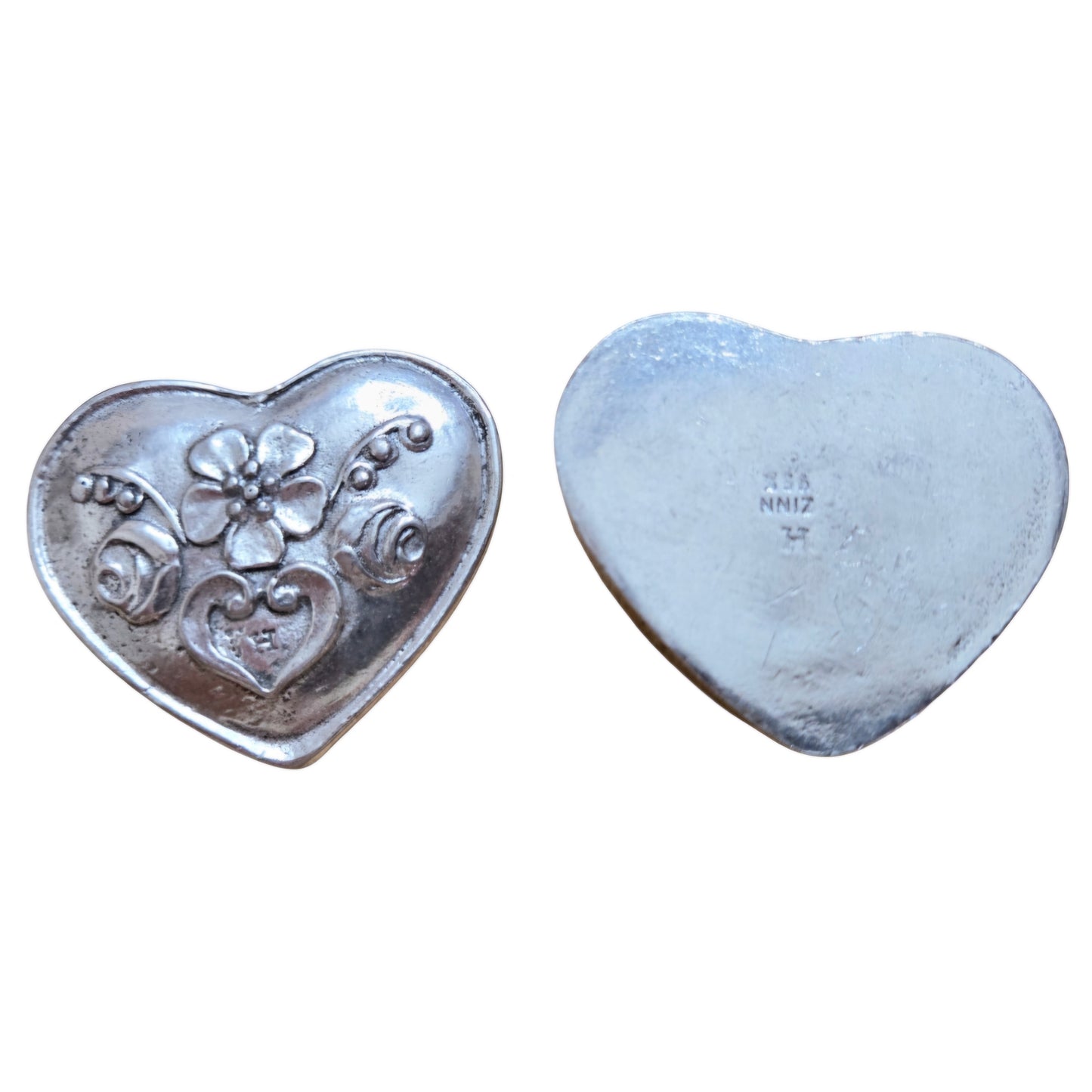 Vtg. *Pewter Heart Shape Trinket Box w/ Embossed Floral Lid (Kaufmann) 1980s