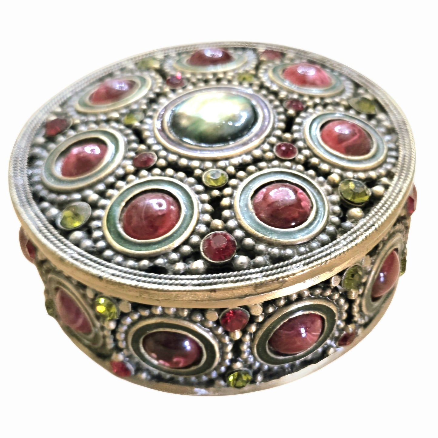 Vintage *Ornate Brass Filigree Trinket Box – Inlaid Red & Green Gemstone Cabochons